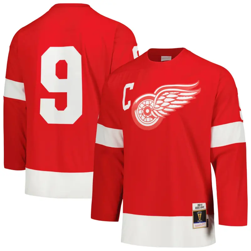 men8217s mitchell amp ness gordie howe red detroit red wings captain patch 196061 blue line player jersey